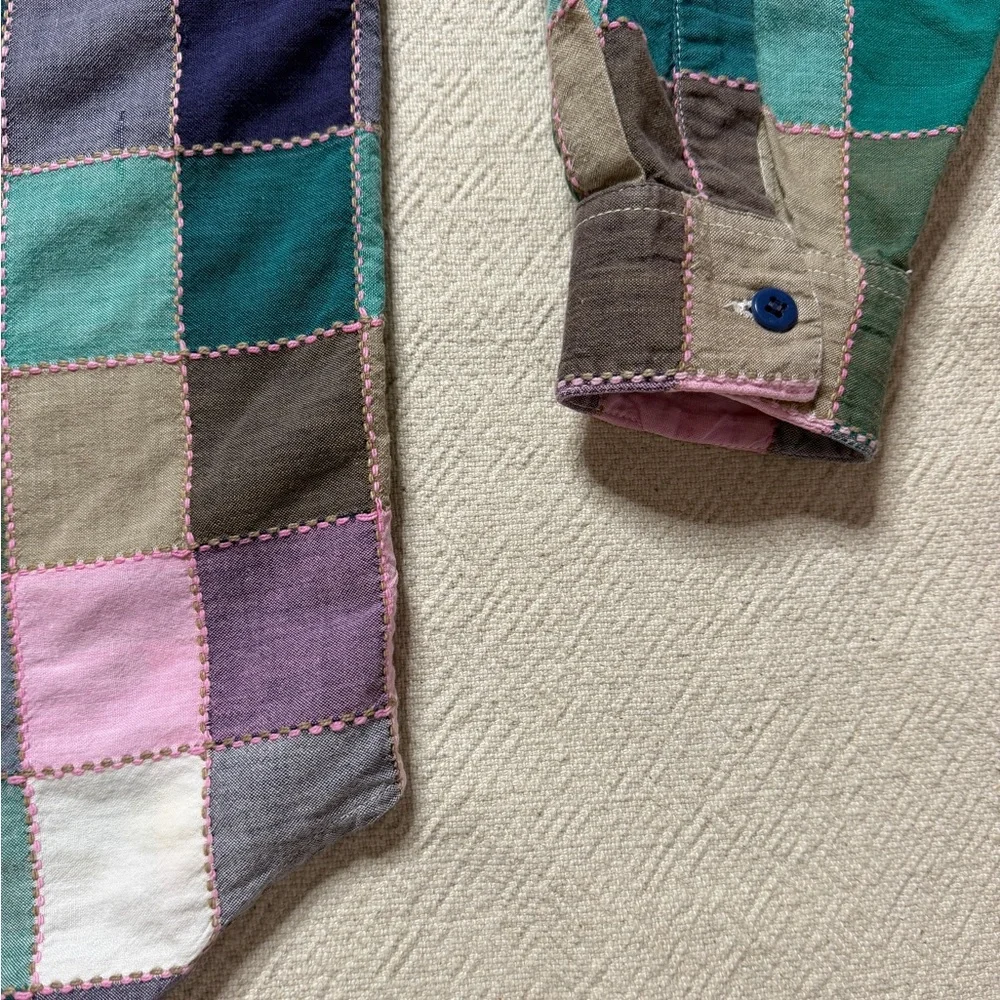 VTG 90s Pastel Patchwork Plaid Stitched Button Down Shirt L Cottage Core - Picture 3 of 7